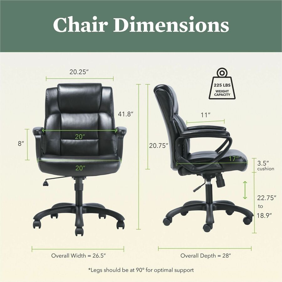 Sadie Mid-Back Executive Chair - Black Seat Color - SofThread Leather Seat Material - Black Back Color - SofThread Leather Back Material - Mid Back - 5-star Base - 1 Each