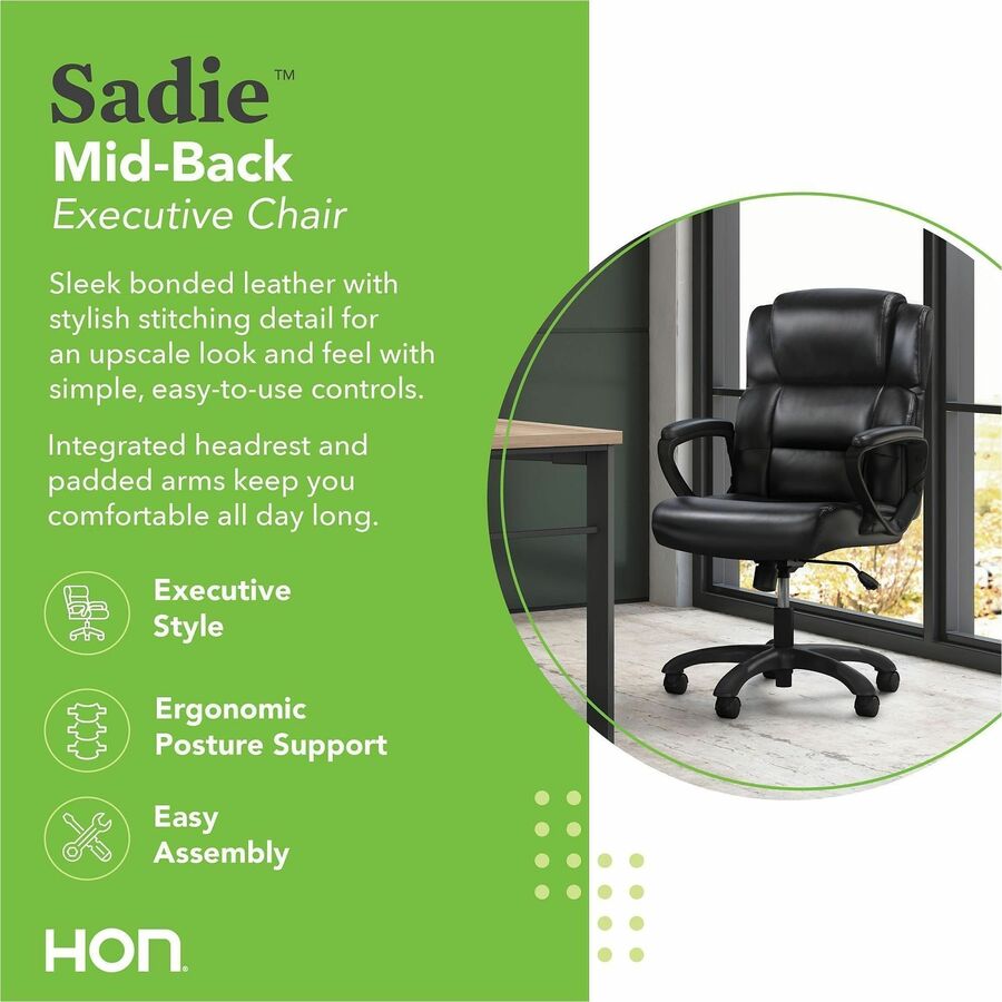 Sadie Mid-Back Executive Chair - Black Seat Color - SofThread Leather Seat Material - Black Back Color - SofThread Leather Back Material - Mid Back - 5-star Base - 1 Each