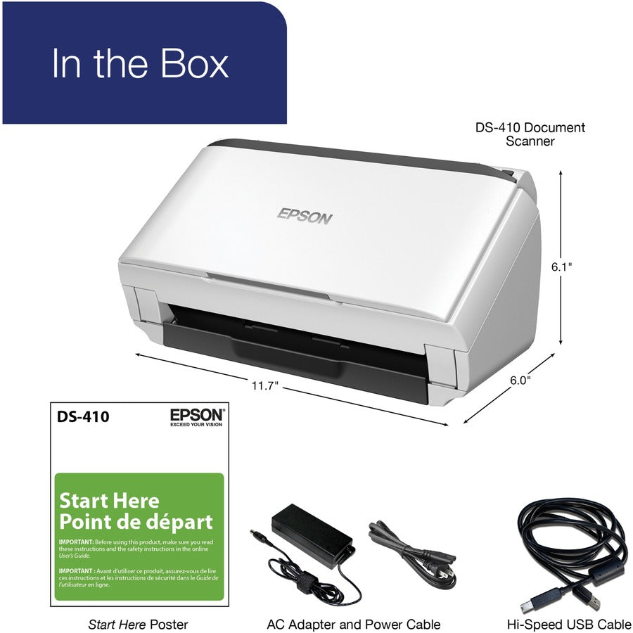 Epson DS-410 Sheetfed Scanner - 600 dpi Optical - 48-bit Color - 16-bit Grayscale - 26 ppm (Mono) - 26 ppm (Color) - Duplex Scanning - USB
