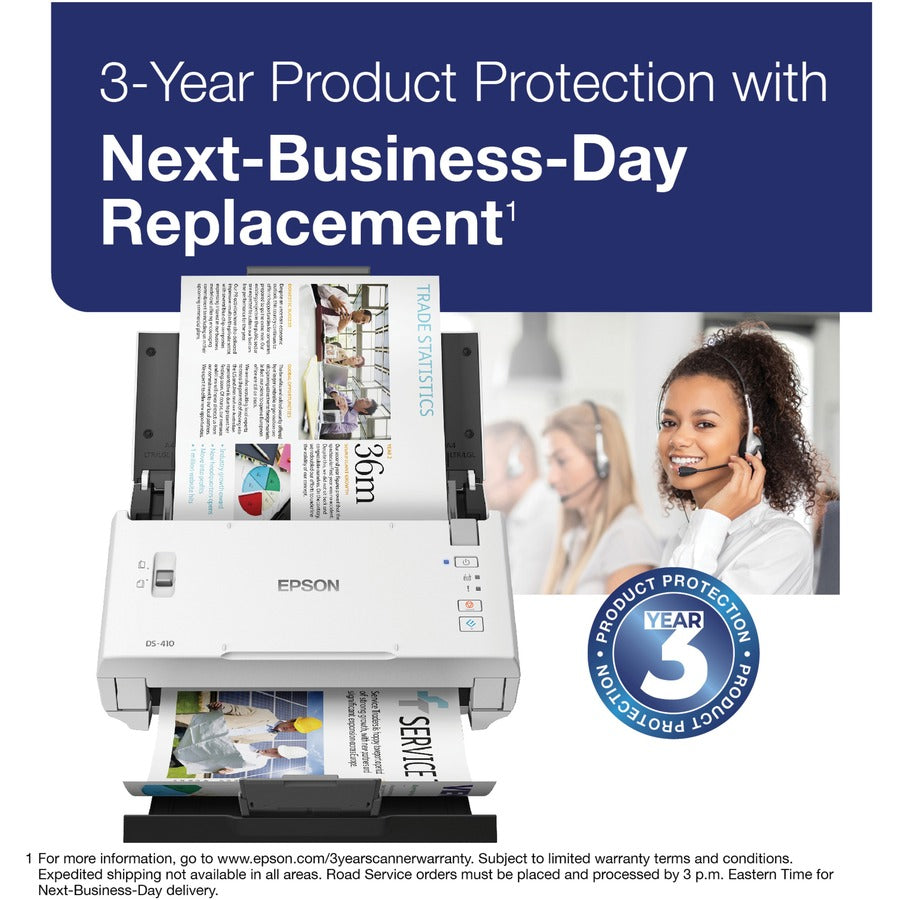Epson DS-410 Sheetfed Scanner - 600 dpi Optical - 48-bit Color - 16-bit Grayscale - 26 ppm (Mono) - 26 ppm (Color) - Duplex Scanning - USB