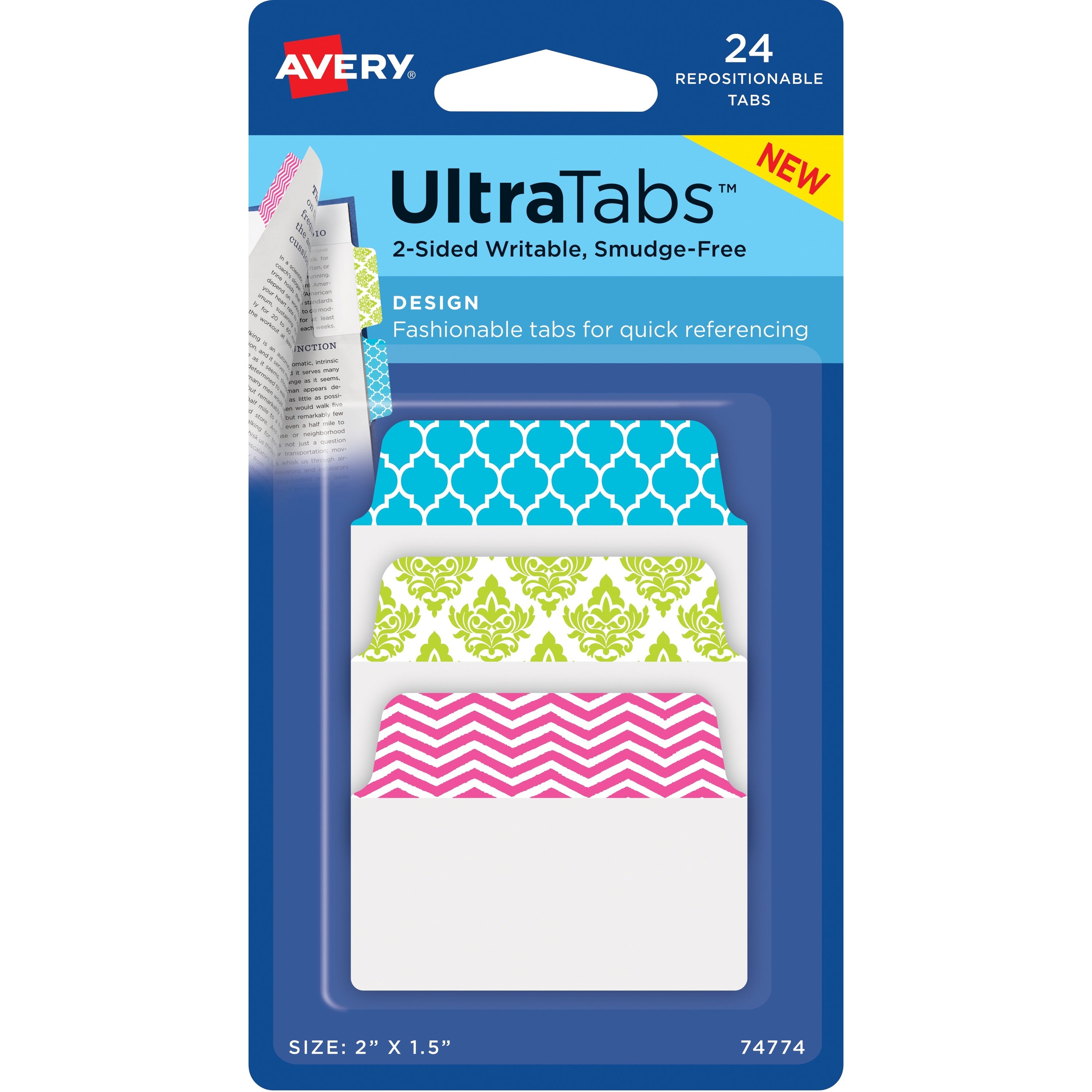 Avery® UltraTabs Color Design 2-sided Multiuse Tabs - 24 Tab(s) - 1.50" Tab Height x 2" Tab Width - Clear Film, Pink Paper, Green, Blue Tab(s) - 24 / Pack