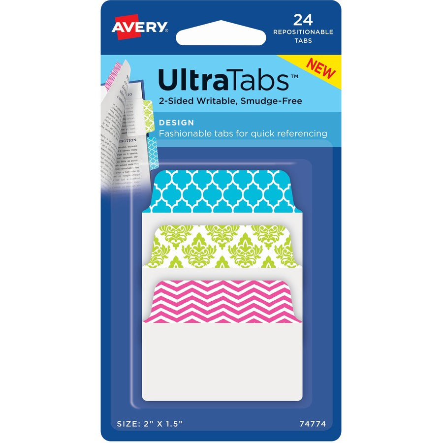 Avery® UltraTabs Color Design 2-sided Multiuse Tabs - 24 Tab(s) - 1.50" Tab Height x 2" Tab Width - Clear Film, Pink Paper, Green, Blue Tab(s) - 24 / Pack