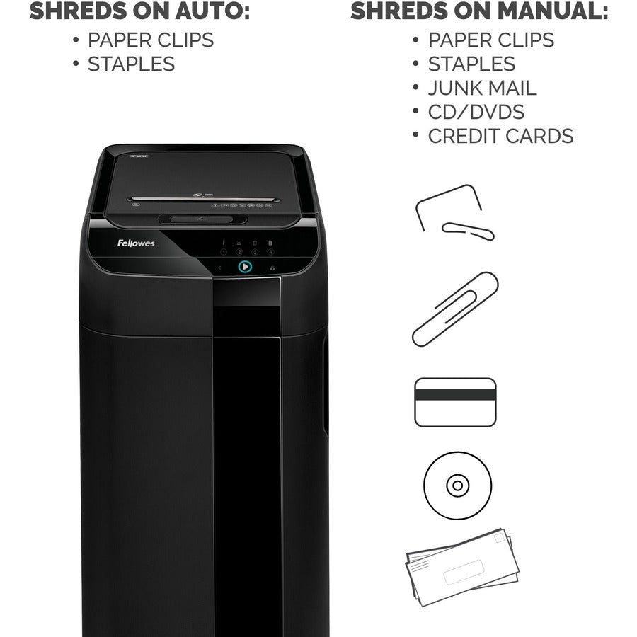 Fellowes AutoMax 350C Auto Feed Cross-Cut Shredder - Non-continuous Shredder - Cross Cut - 350 Per Pass - for shredding Staples, Paper Clip, Paper, CD, DVD, Credit Card, Junk Mail - 0.156" x 1.500" Shred Size - P-4 - 11 ft/min - 9" Throat - 45 Minute R...
