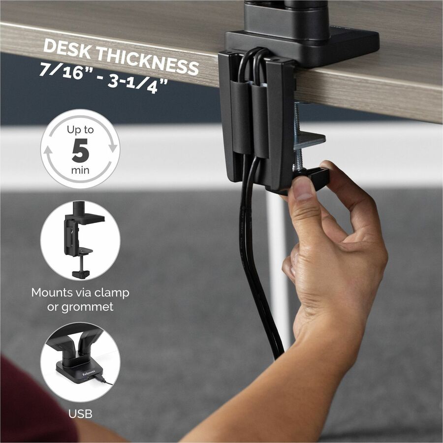 Fellowes Platinum Mounting Arm for Monitor - Black - Height Adjustable - 1 Display(s) Supported - 19.70" to 32" Screen Support - 17.60 lb Load Capacity - 75 x 75, 100 x 100 - VESA Mount Compatible - Steel - 1 Unit