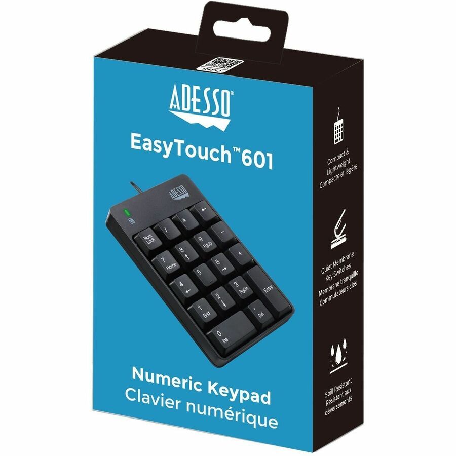 Adesso USB Spill Resistant 18-Key Numeric Keypad - Cable Connectivity - USB Interface - 18 Key(s) - Windows 10, Windows 8, Windows 7 - English (US) - Computer - PC - Membrane Keyswitch - Black