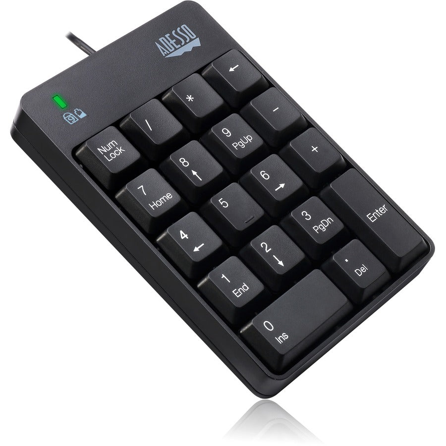 Adesso USB Spill Resistant 18-Key Numeric Keypad - Cable Connectivity - USB Interface - 18 Key(s) - Windows 10, Windows 8, Windows 7 - English (US) - Computer - PC - Membrane Keyswitch - Black