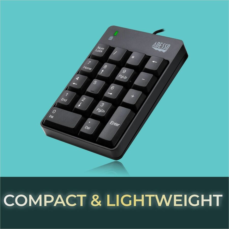 Adesso USB Spill Resistant 18-Key Numeric Keypad - Cable Connectivity - USB Interface - 18 Key(s) - Windows 10, Windows 8, Windows 7 - English (US) - Computer - PC - Membrane Keyswitch - Black