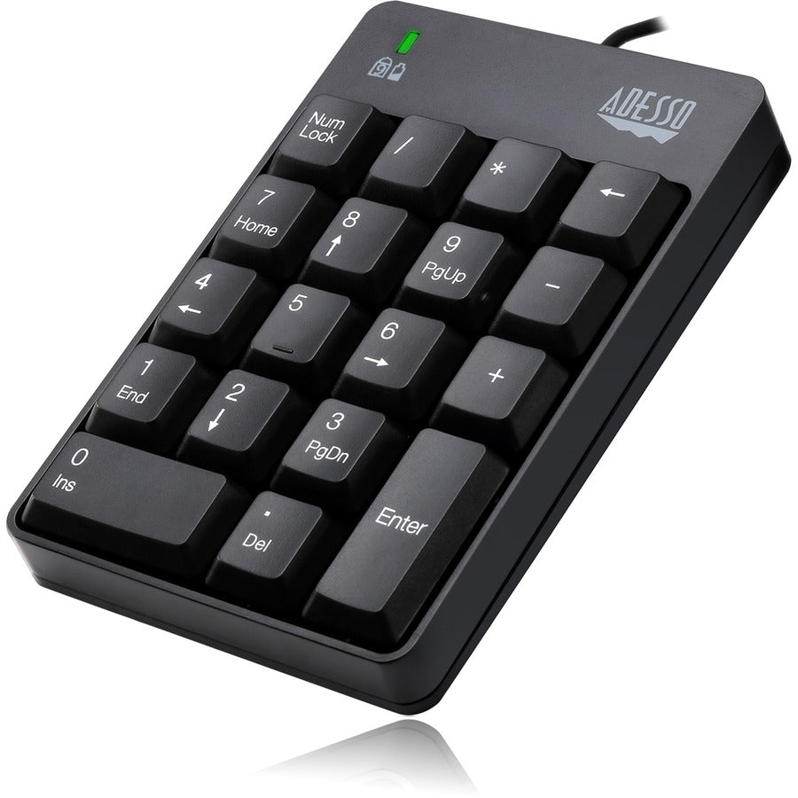 Adesso USB Spill Resistant 18-Key Numeric Keypad - Cable Connectivity - USB Interface - 18 Key(s) - Windows 10, Windows 8, Windows 7 - English (US) - Computer - PC - Membrane Keyswitch - Black