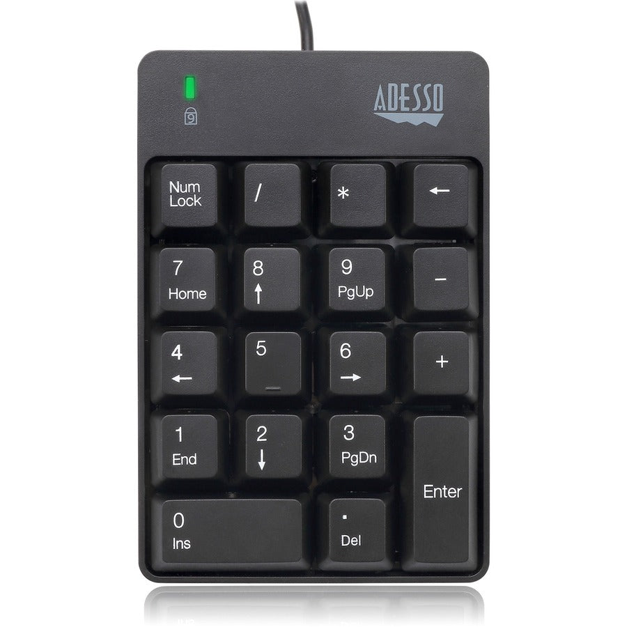 Adesso USB Spill Resistant 18-Key Numeric Keypad - Cable Connectivity - USB Interface - 18 Key(s) - Windows 10, Windows 8, Windows 7 - English (US) - Computer - PC - Membrane Keyswitch - Black