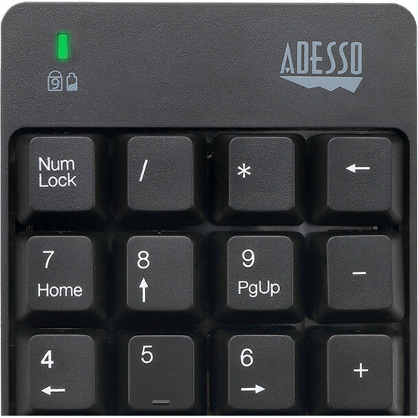 Adesso Wireless Spill Resistant 18-Key Numeric Keypad - Wireless Connectivity - RF - 30 ft - 2.40 GHz - USB Interface - 18 Key(s) - Windows 10, Windows 8, Windows 7 - English (US) - Computer - PC - Membrane Keyswitch - AAA Battery Size Supported - Black