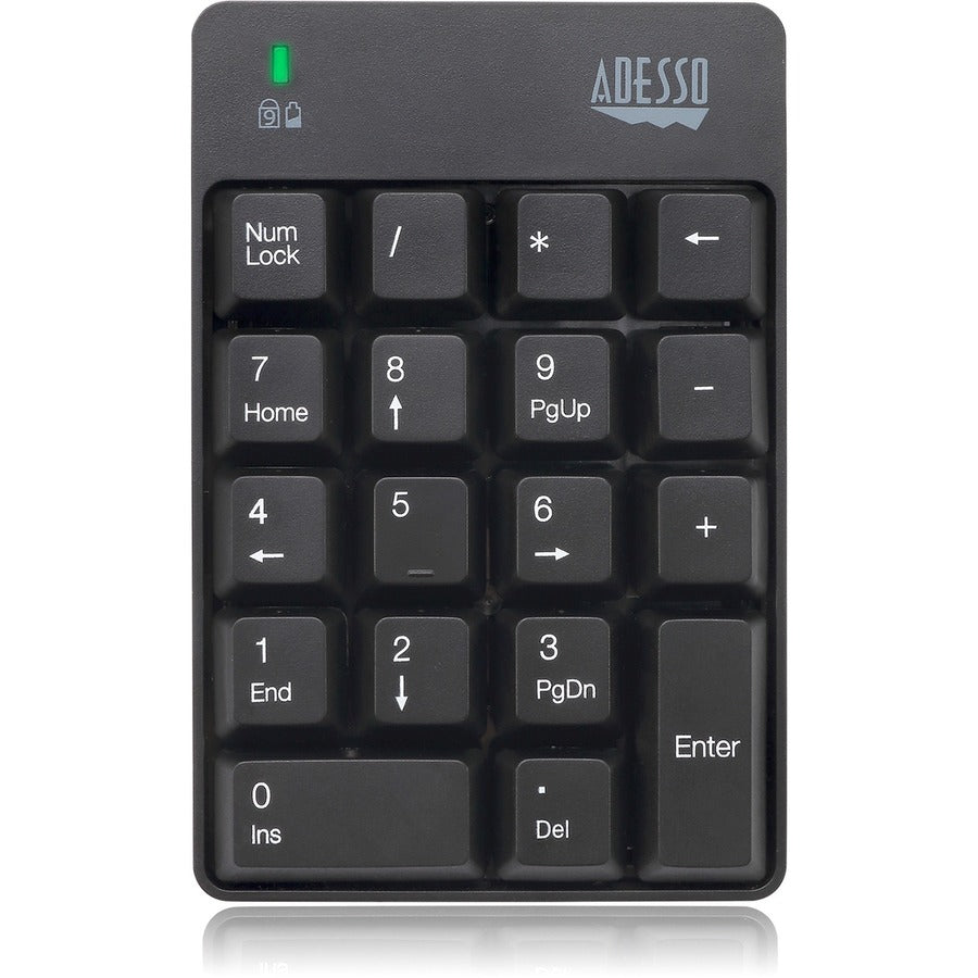 Adesso Wireless Spill Resistant 18-Key Numeric Keypad - Wireless Connectivity - RF - 30 ft - 2.40 GHz - USB Interface - 18 Key(s) - Windows 10, Windows 8, Windows 7 - English (US) - Computer - PC - Membrane Keyswitch - AAA Battery Size Supported - Black
