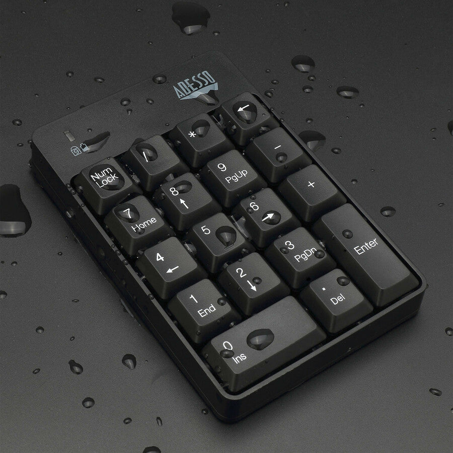 Adesso Wireless Spill Resistant 18-Key Numeric Keypad - Wireless Connectivity - RF - 30 ft - 2.40 GHz - USB Interface - 18 Key(s) - Windows 10, Windows 8, Windows 7 - English (US) - Computer - PC - Membrane Keyswitch - AAA Battery Size Supported - Black