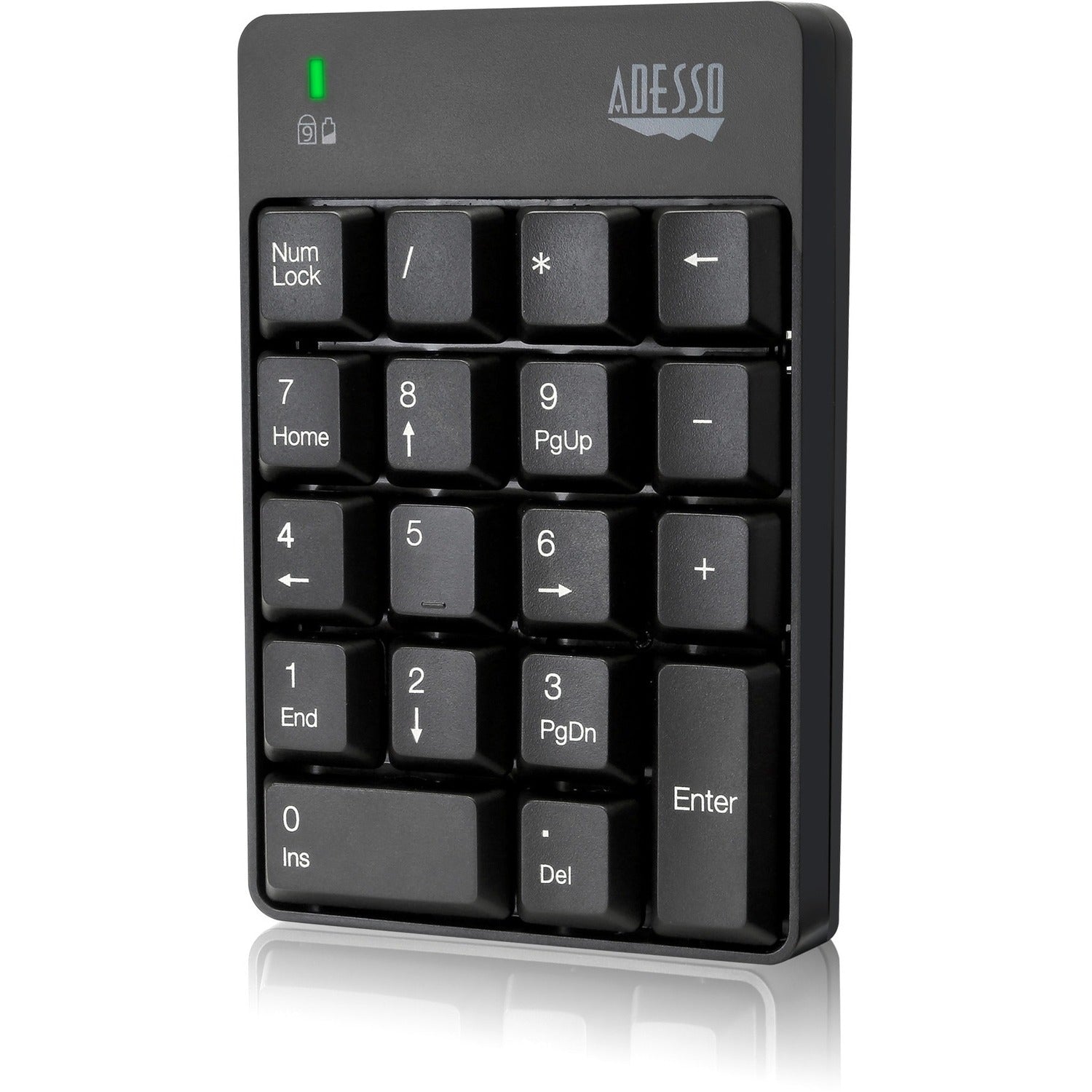 Adesso Wireless Spill Resistant 18-Key Numeric Keypad - Wireless Connectivity - RF - 30 ft - 2.40 GHz - USB Interface - 18 Key(s) - Windows 10, Windows 8, Windows 7 - English (US) - Computer - PC - Membrane Keyswitch - AAA Battery Size Supported - Black