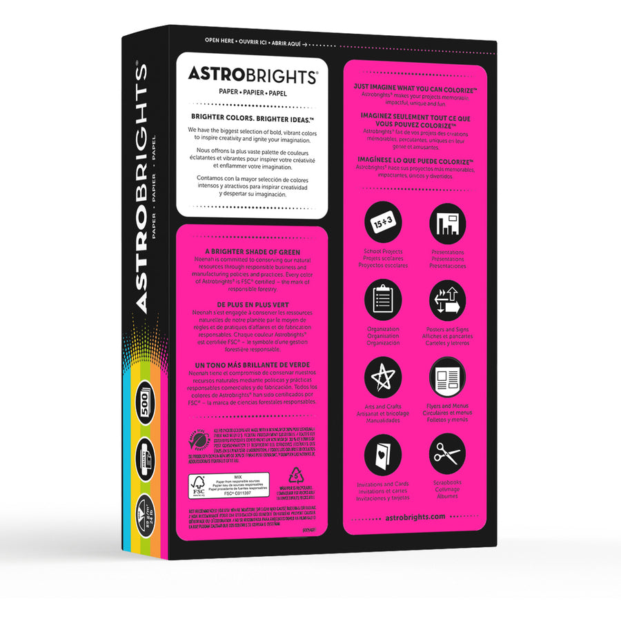 Astro AstroBrights Bright Assortment Paper - Letter - 8 1/2" x 11" - 24 lb Basis Weight - Smooth - Lunar Blue, Terra Green, Cosmic Orange, Solar Yellow, Fireball Fuschia - 500 / Pack