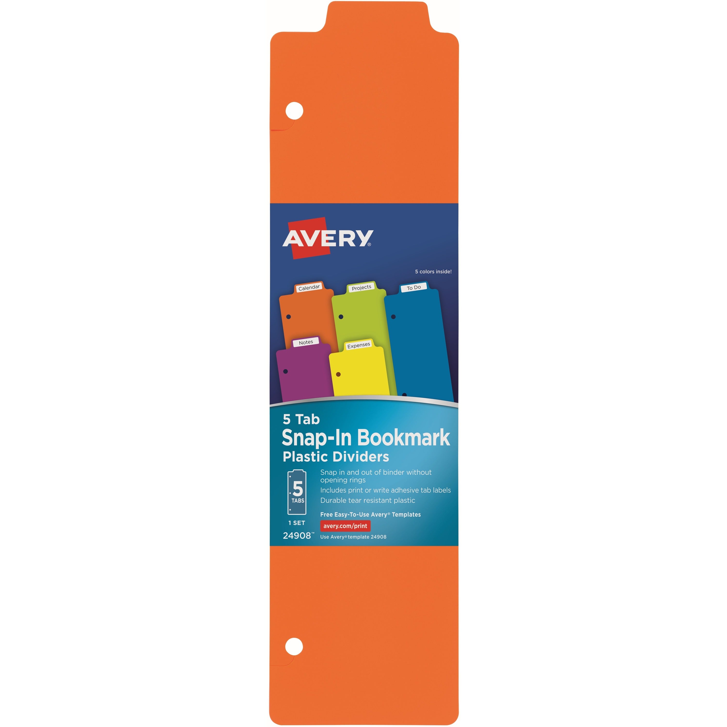 Avery® Snap-In Plastic Bookmark Dividers, 5 Tabs, 1 Set, Multicolor (24908) - Monthly - 1 Month Single Page Layout - 10" x 10" Sheet Size - White, Multicolor - Plastic - Repositionable, Self-adhesive, Write on/Wipe off, Dry Erase Surface, Durable, ...