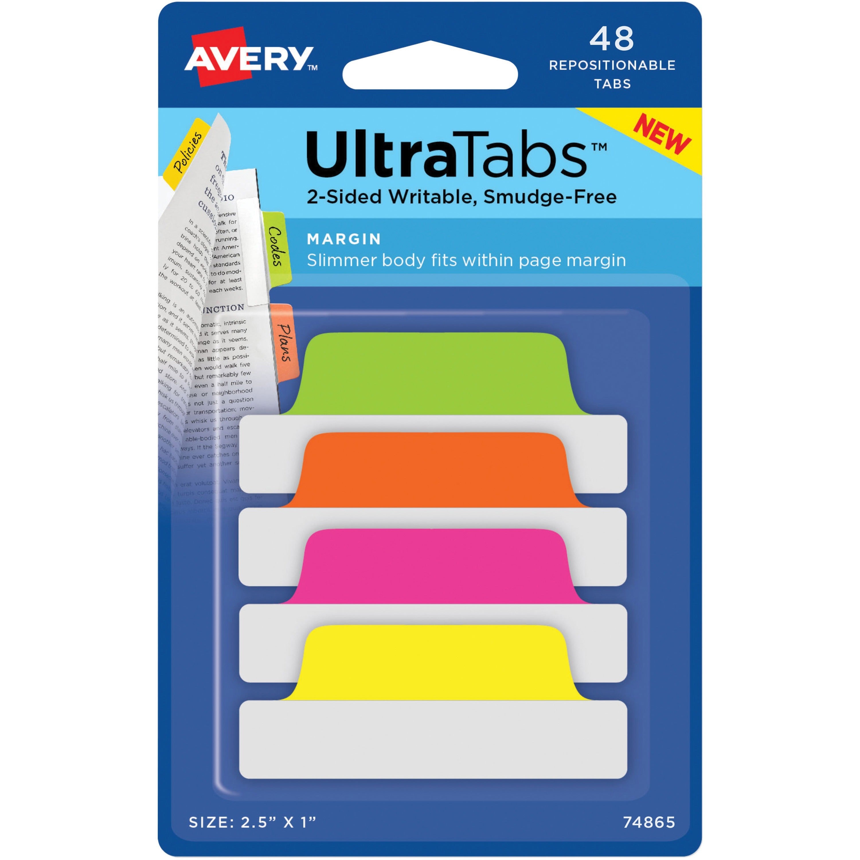 Avery® UltraTabs Repositionable Margin Tabs - 48 Tab(s) - 1" Tab Height x 2.50" Tab Width - Clear Film, Neon Green Paper, Neon Pink, Neon Orange, Neon Yellow Tab(s) - 48 / Pack