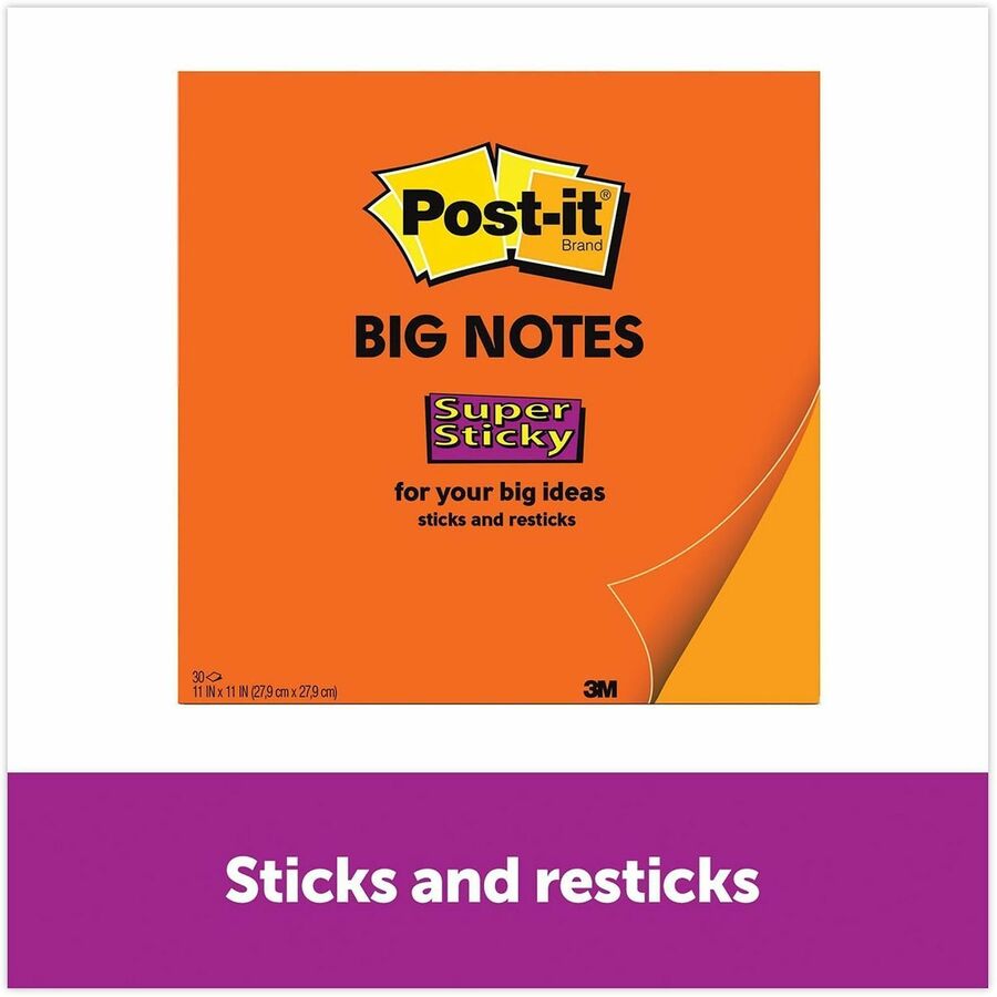 Post-it® Super Sticky Big Note - 30 x Orange - 11" Flag/Note Width x 11" Flag/Note Length - Square - 30 Sheets per Pad - Orange - Sticky, Removable - 1 Each