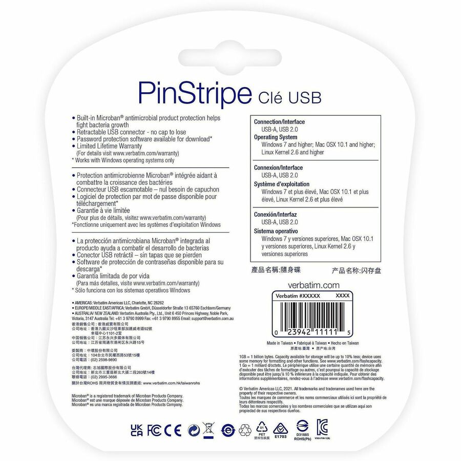 Verbatim 32GB PinStripe USB 2.0 Flash Drive - 5 PK - 32 GB - USB 2.0 Type A - Blue, Green, Red, Purple, Teal - Lifetime Warranty - 5 / Pack