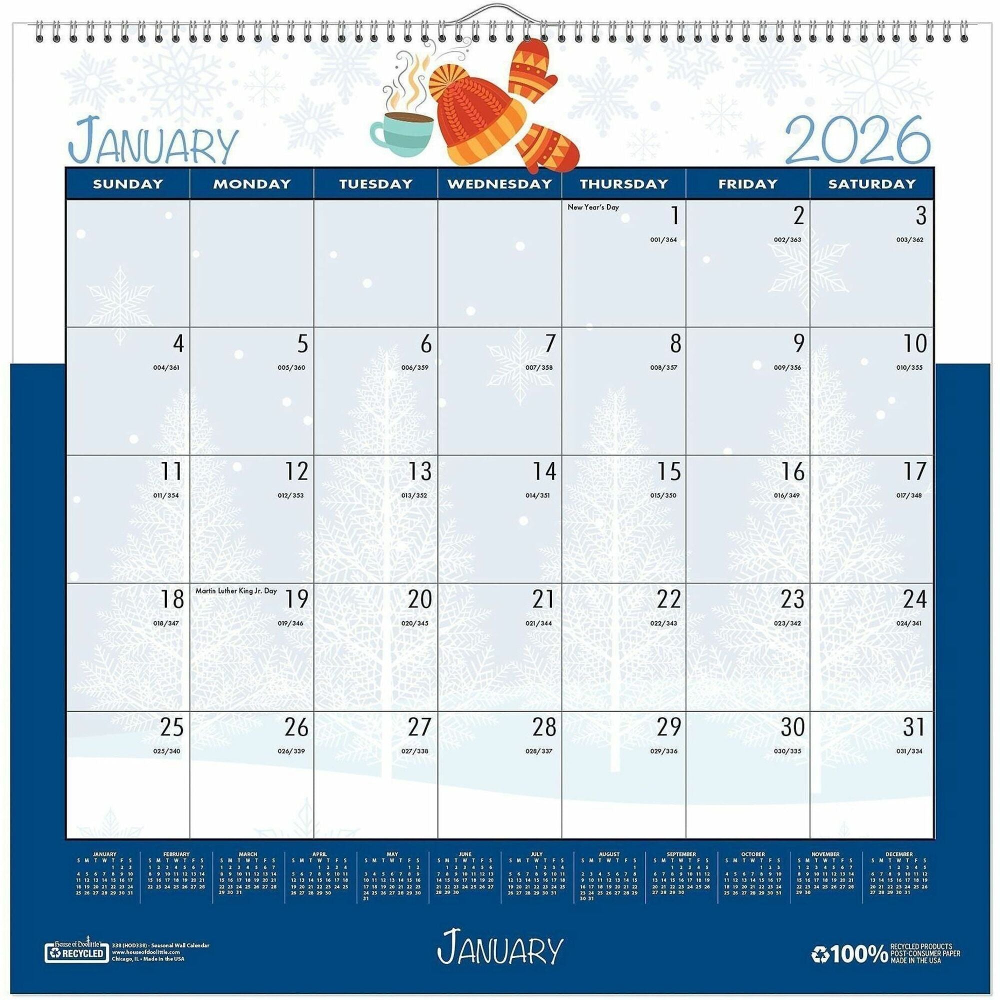 House of Doolittle Monthly Wall Calendar Seasonal Holiday Depictions 12 x 12 Inches - Julian Dates - Monthly - 1 Month Single Page Layout - Wire Bound - 12" Height x 12" Width - Recyclable, Reference Calendar, Holiday Listing - 1 Each