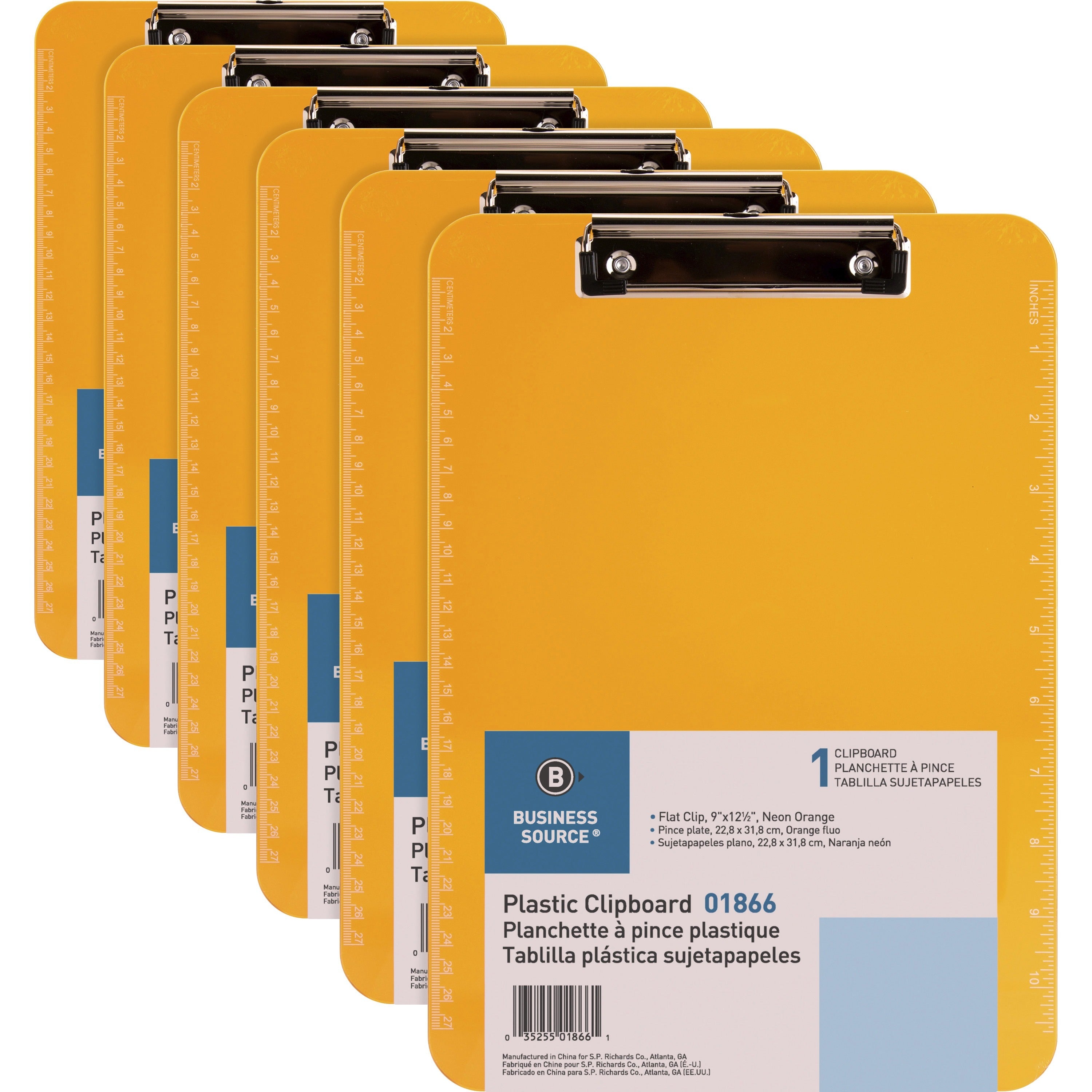 Business Source Flat Clip Clipboard - 9" x 12" Sheet Size - Plastic - Neon Orange - 6 / Bundle
