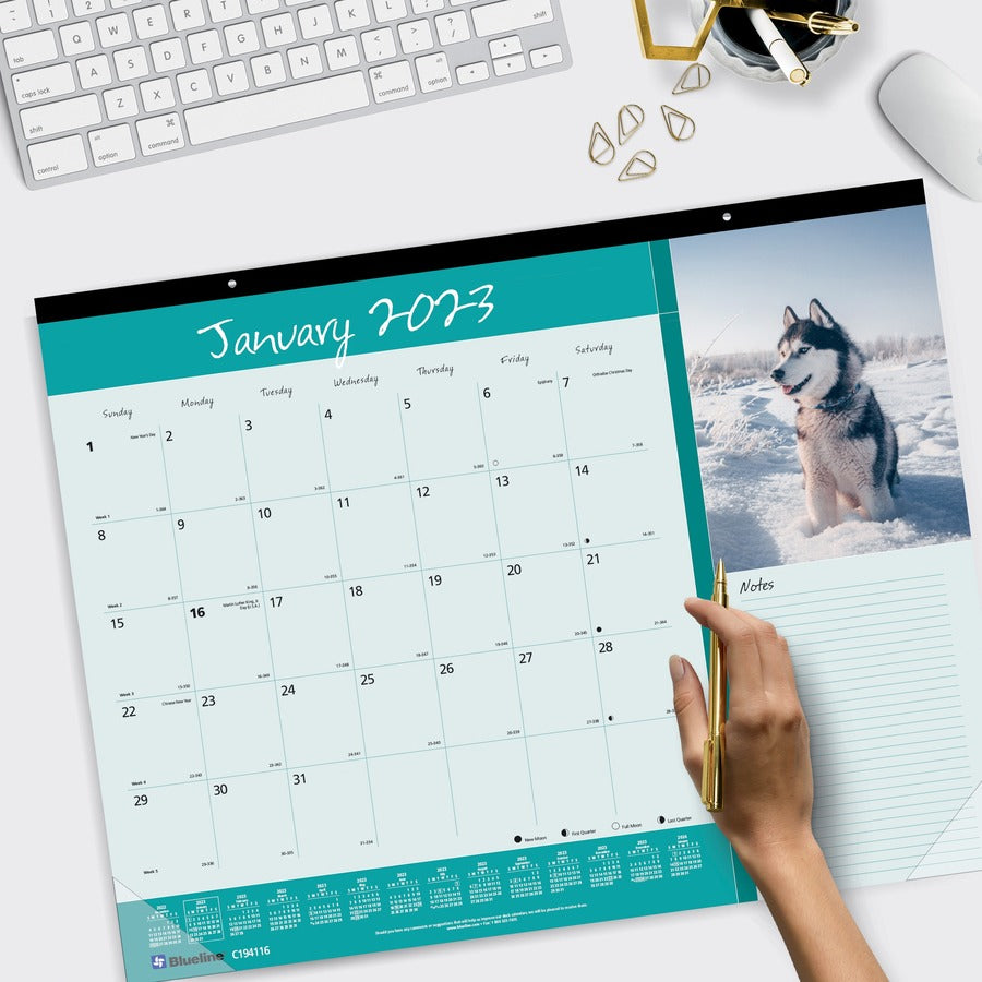 Blueline Man's Best Friend Dogs Desk Pad Calendar - Julian Dates - Monthly - 12 Month - January 2026 to December 2026 - 1 Month Single Page Layout - 22" x 17" Sheet Size - Desk Pad - Paper - 17" Height x 22" Width - Notes Area, Tear-off, Event Planning...
