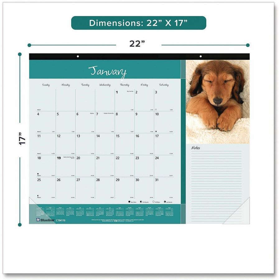 Blueline Man's Best Friend Dogs Desk Pad Calendar - Julian Dates - Monthly - 12 Month - January 2026 to December 2026 - 1 Month Single Page Layout - 22" x 17" Sheet Size - Desk Pad - Paper - 17" Height x 22" Width - Notes Area, Tear-off, Event Planning...