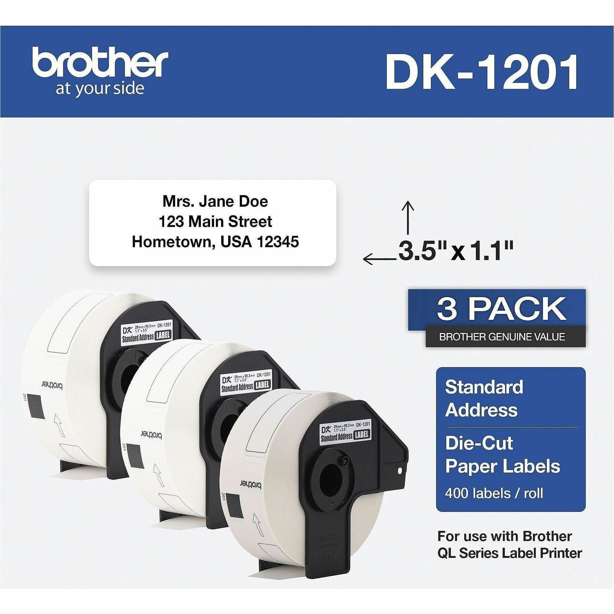 Brother Thermal Die-Cut Standard Address Labels - 1 9/64" Width x 3 1/2" Length - White - Paper - 400 / Roll - 1200 Total Label(s) - 3 / Pack