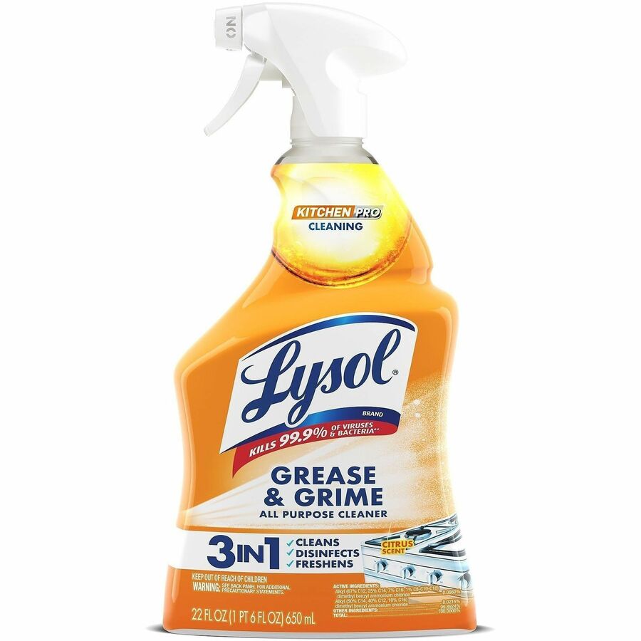 Lysol Kitchen Pro Antibacterial Cleaner - For Multi Surface - 22 fl oz (0.7 quart) - Fresh Citrus Scent - Recommended For: Stain Remover - Deodorize, Streak-free, Chemical-free, Disinfectant, Anti-bacterial, Residue-free - Clear - 9 / Carton