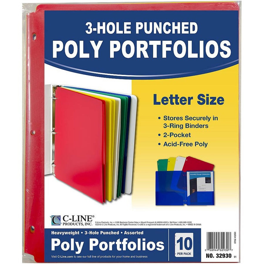 C-Line Two-Pocket Heavyweight Poly Portfolio Folder - For Letter 8 1/2" x 11" Sheet - 3 x Holes - Ring Binder - Rectangular - Red, Yellow, Green, Blue, White - Polypropylene - 10 / Pack