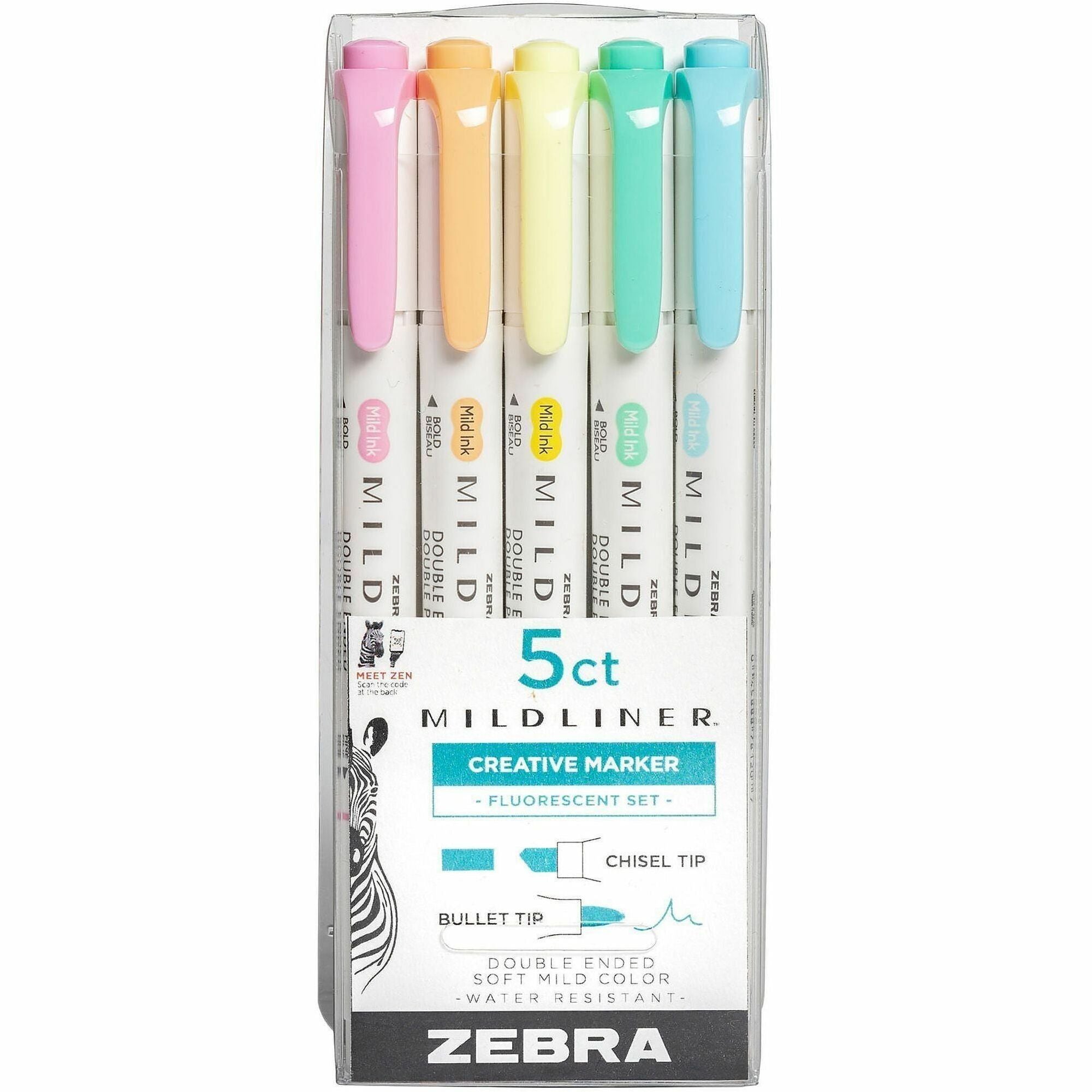 Zebra Pen Mildliner Double Ended Highlighter Assorted Fluorescent 5Pk - Broad Chisel, Fine Bullet Marker Point - Fluorescent Assorted Ink - White Barrel - 5 / Pack