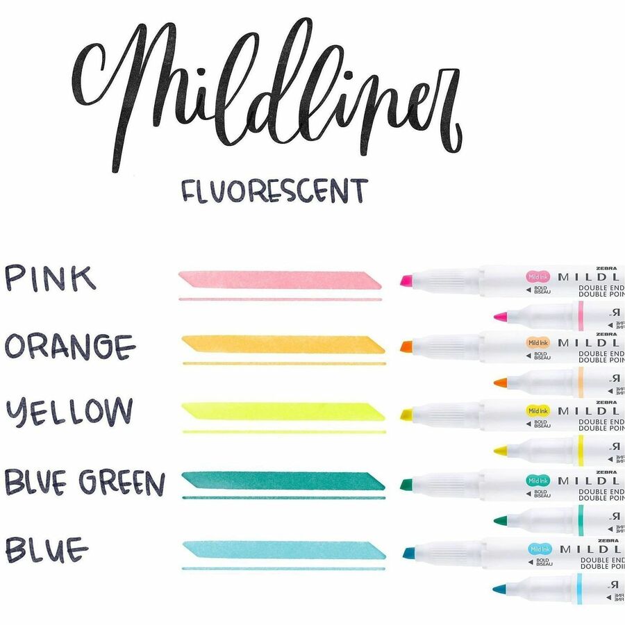 Zebra Pen Mildliner Double Ended Highlighter Assorted Fluorescent 5Pk - Broad Chisel, Fine Bullet Marker Point - Fluorescent Assorted Ink - White Barrel - 5 / Pack