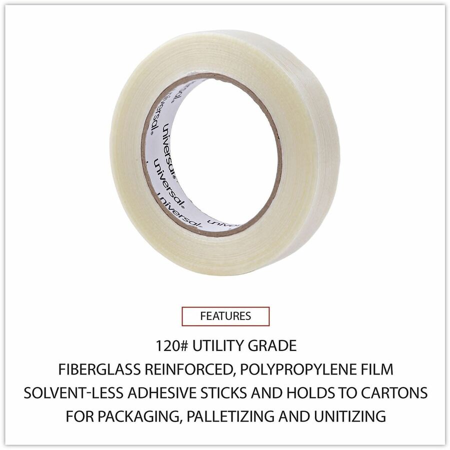 Universal 120# Utility Grade Filament Tape, 3" Core, 24 mm x 54.8 m, Clear - 59.93 yd Length x 0.94" Width x 4.3 mil Thickness - 3" Core - Clear - Synthetic Rubber - Plastic Backing - 1 Roll