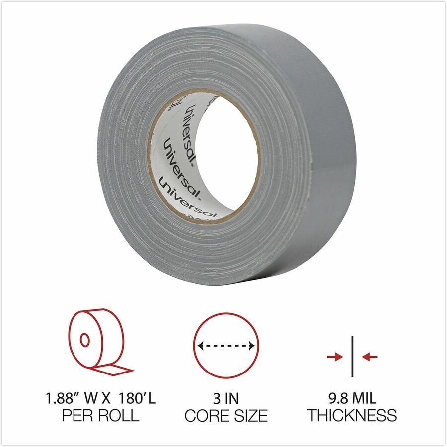 Universal General-Purpose Duct Tape, 3" Core, 1.88" x 60 yds, Silver - 60 yd Length x 1.88" Width x 9.8 mil Thickness - 3" Core - Silver - Natural Rubber - Polyethylene Coated Cloth Backing - 1 Roll