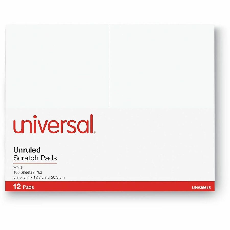 Universal Scratch Pads, Unruled, 5 x 8, White, 100 Sheets, 12/Pack - 1 Subject(s) - 100 Sheets - Plain - Glued - Unruled Front Ruling - 16 lb Basis Weight - 8" Height x 5" Width - White Paper - 12 / Pack
