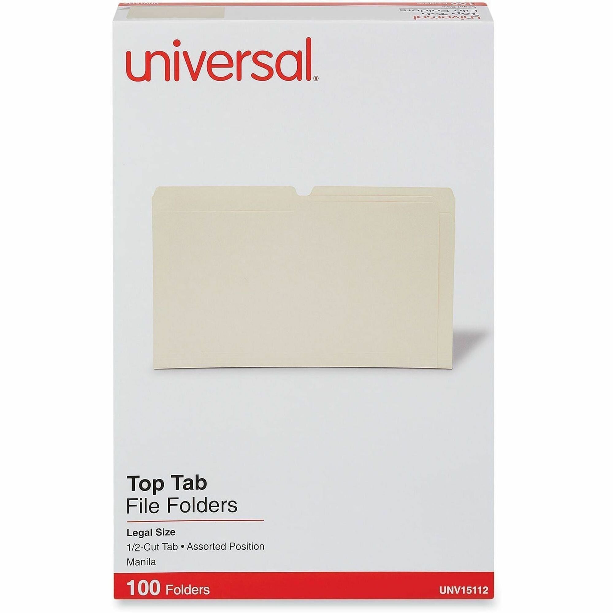 Universal 1/2 Tab Cut Legal Top Tab File Folder - 8 1/2" x 14" - 3/4" Expansion - Assorted Tab Position - 11 pt. - Manila - 100 Box
