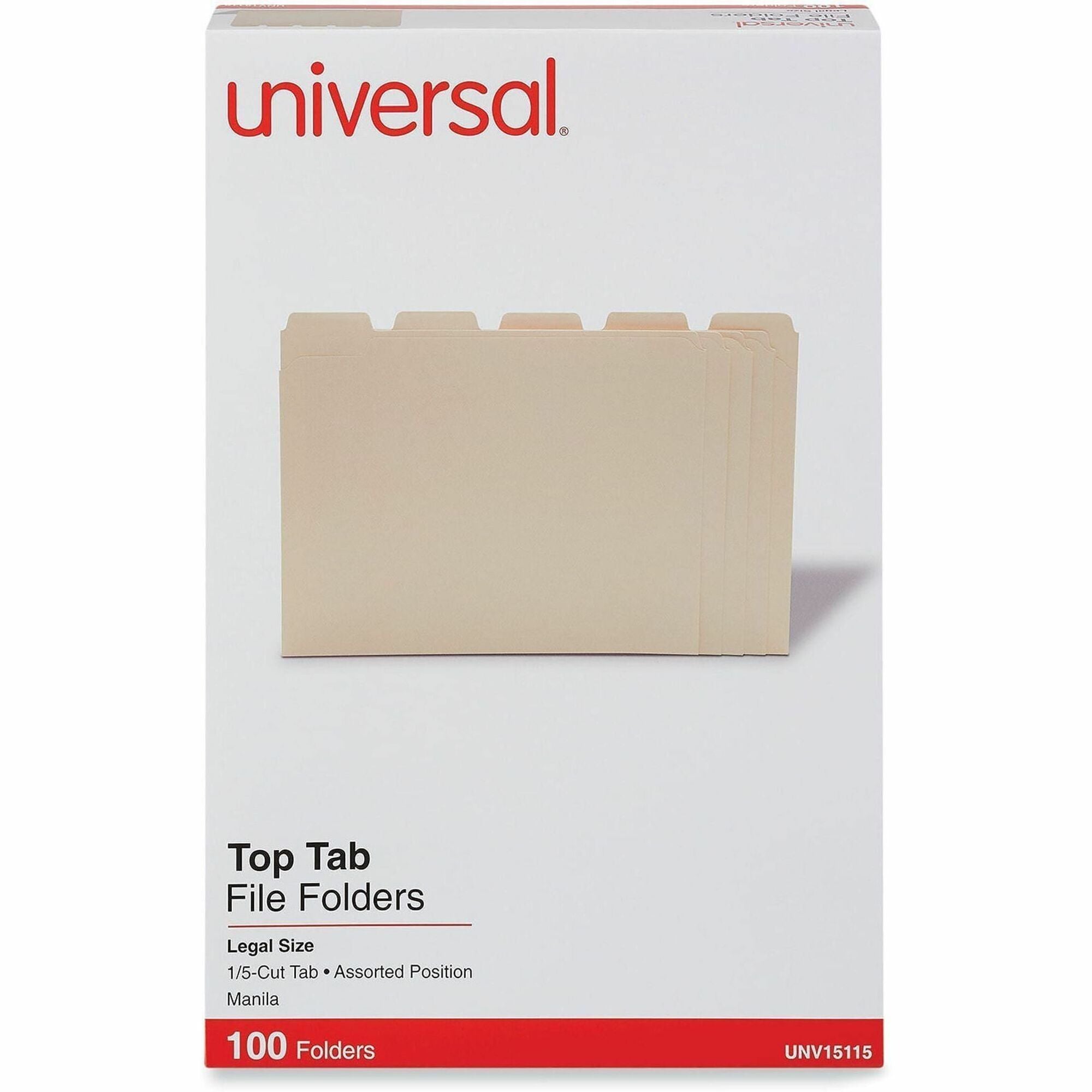 Universal 1/5 Tab Cut Legal Top Tab File Folder - 8 1/2" x 14" - 3/4" Expansion - Assorted Tab Position - 11 pt. - Manila - 100 Box