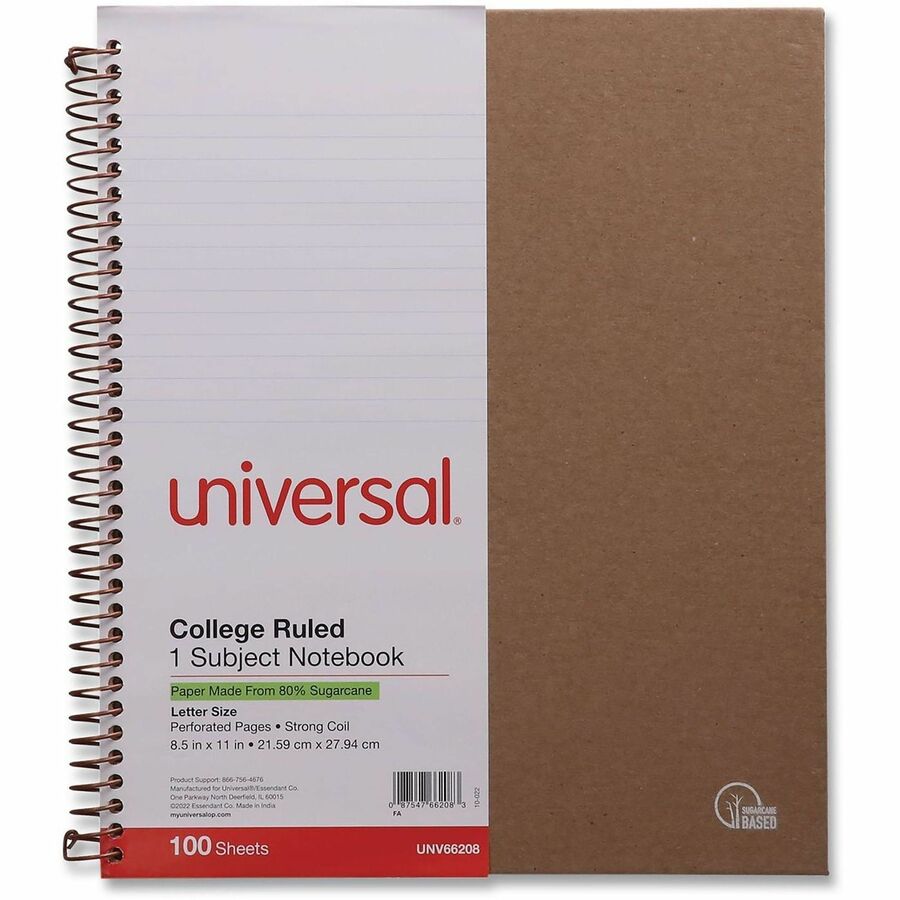 Universal Notebook - 1 Subject(s) - 100 Sheets - Spiral - Medium Ruled, College Ruled Front Ruling - 15 lb Basis Weight - 11" Height x 8.5" Width - White Paper - Brown Kraft Cover