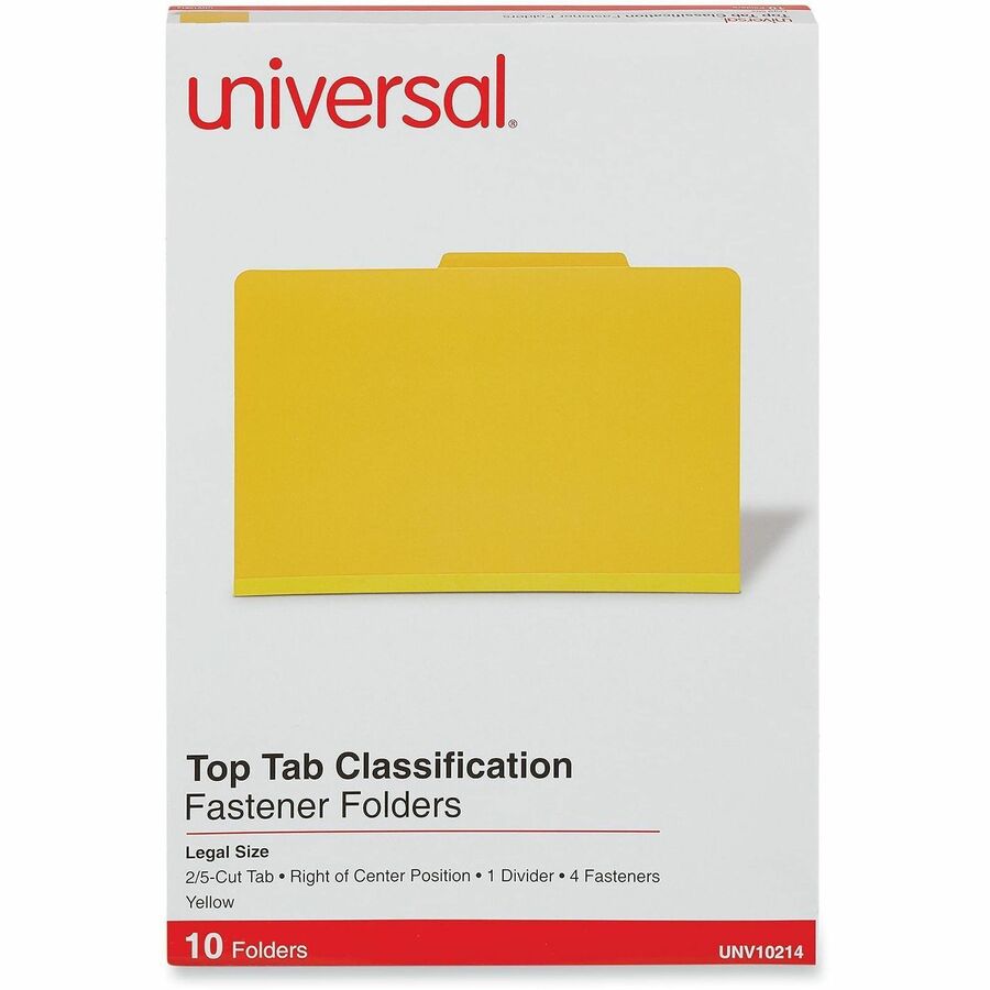 Universal 2/5 Tab Cut Legal Classification Folder - 8 1/2" x 14" - 2" Expansion - 4 Fastener(s) - 2" Fastener Capacity - Top Tab Location - Right of Center Tab Position - 1 Divider(s) - Yellow - 10 Box