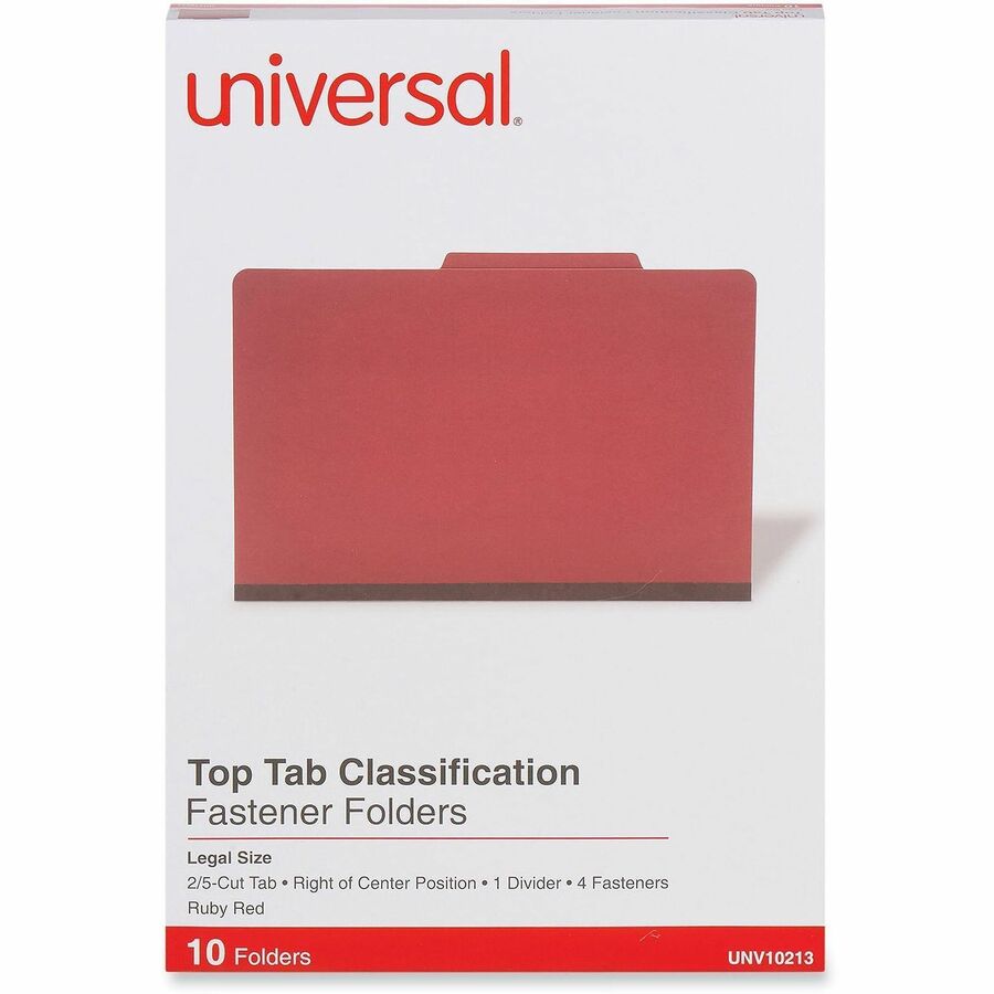 Universal 2/5 Tab Cut Legal Classification Folder - 8 1/2" x 14" - 2" Expansion - 4 Fastener(s) - 2" Fastener Capacity - Top Tab Location - Right of Center Tab Position - 1 Divider(s) - Ruby Red - 10 Box