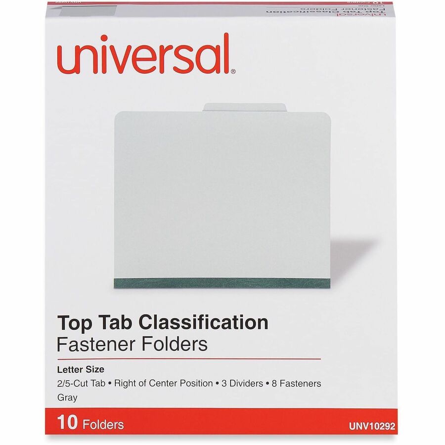 Universal 2/5 Tab Cut Letter Classification Folder - 8 1/2" x 11" - 3" Expansion - 8 Fastener(s) - 2" Fastener Capacity - Top Tab Location - Right of Center Tab Position - 3 Divider(s) - Gray - 10 Box