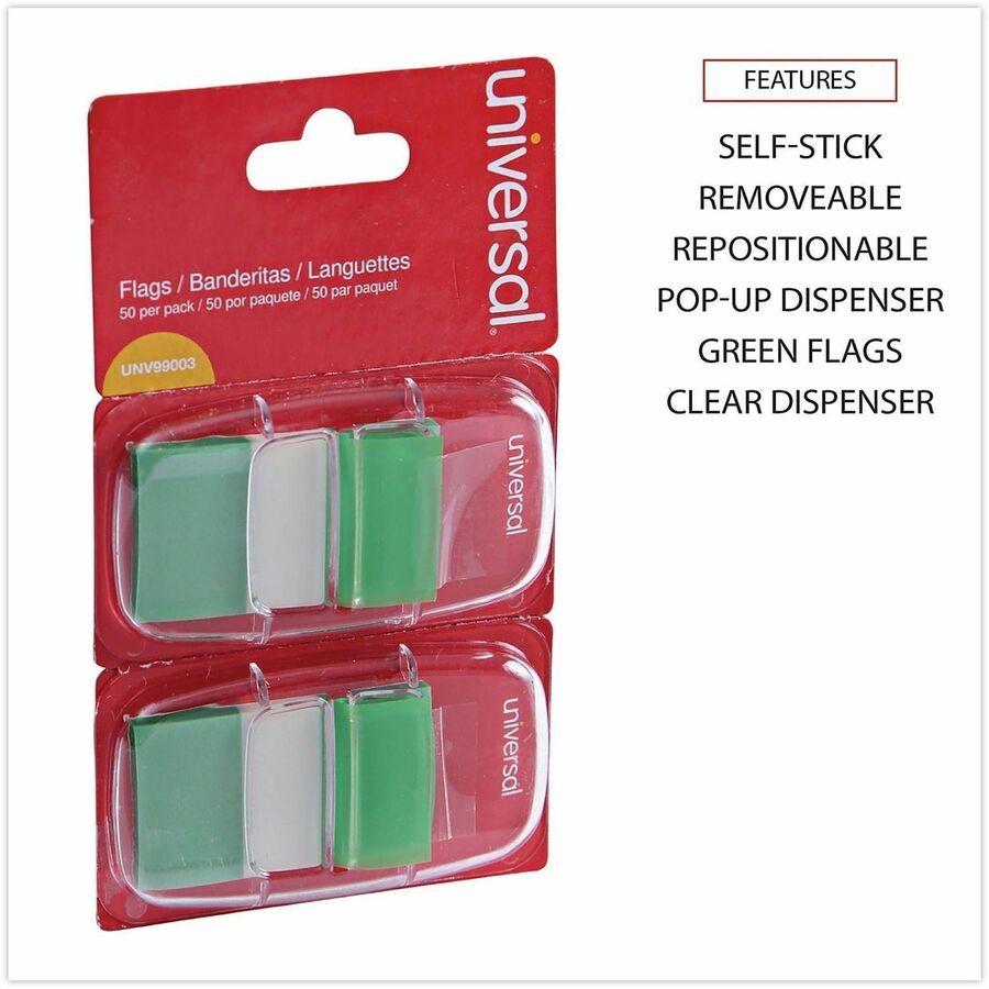 Universal Flag - 100 - Rectangle - Green - Removable, Self-stick, Pop-up, Repositionable - Dispenser Included - 100 / Pack