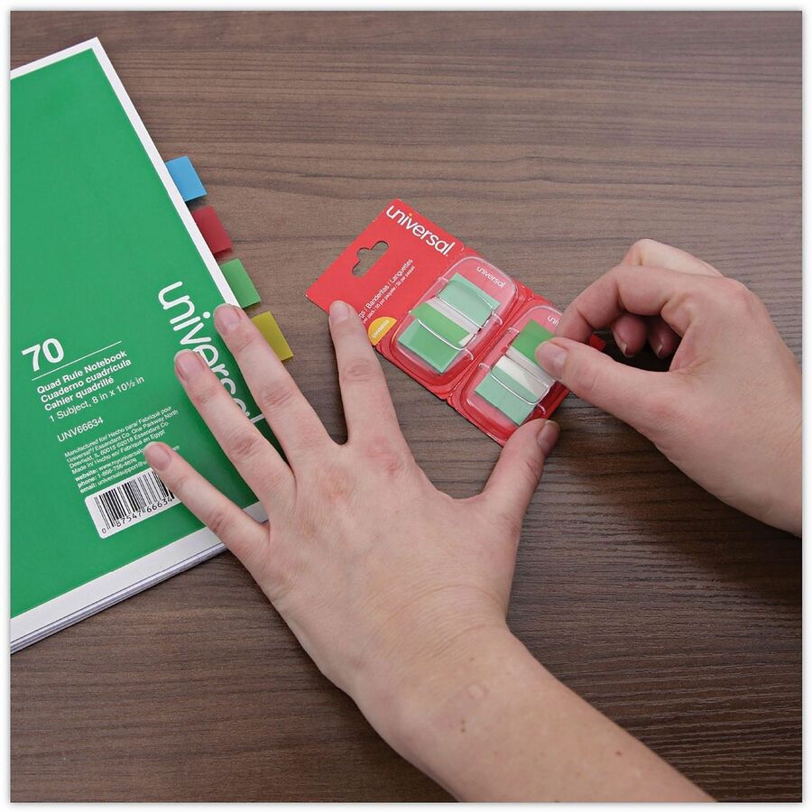 Universal Flag - 100 - Rectangle - Green - Removable, Self-stick, Pop-up, Repositionable - Dispenser Included - 100 / Pack