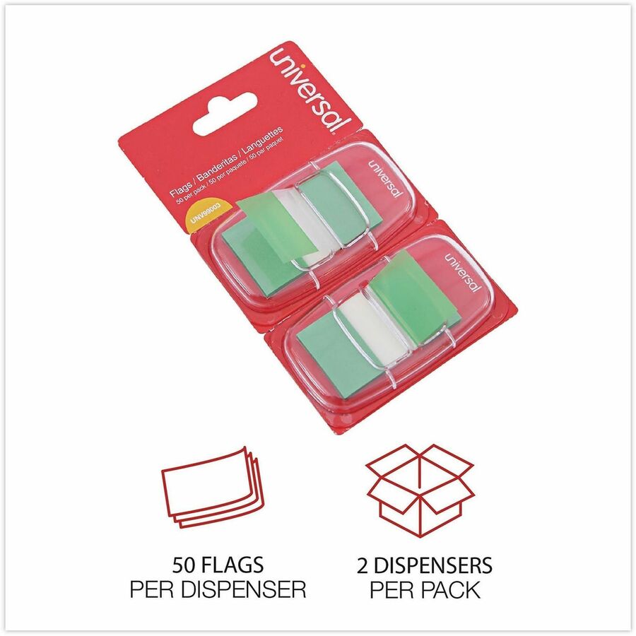 Universal Flag - 100 - Rectangle - Green - Removable, Self-stick, Pop-up, Repositionable - Dispenser Included - 100 / Pack