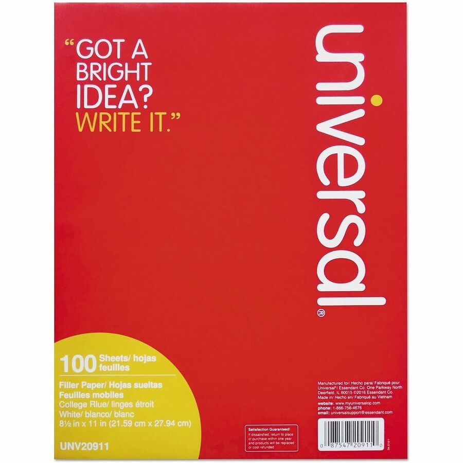 Universal Filler Paper, 3-Hole, 8.5 x 11, Medium/College Rule, 100/Pack - 100 Sheets - Medium Ruled, College Ruled Front Ruling - Red Margin - 3 Hole(s) - 15 lb Basis Weight - White Paper - 100 / Pack