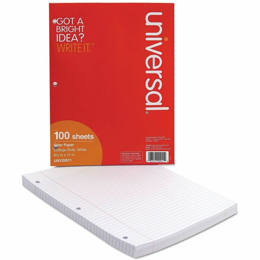 Universal Filler Paper, 3-Hole, 8.5 x 11, Medium/College Rule, 100/Pack - 100 Sheets - Medium Ruled, College Ruled Front Ruling - Red Margin - 3 Hole(s) - 15 lb Basis Weight - White Paper - 100 / Pack