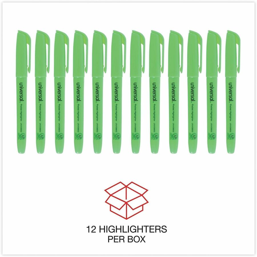 Universal Pocket Highlighters, Fluorescent Green Ink, Chisel Tip, Green Barrel, Dozen - Chisel Marker Point - Fluorescent Green Ink - Green Barrel - 1 Dozen