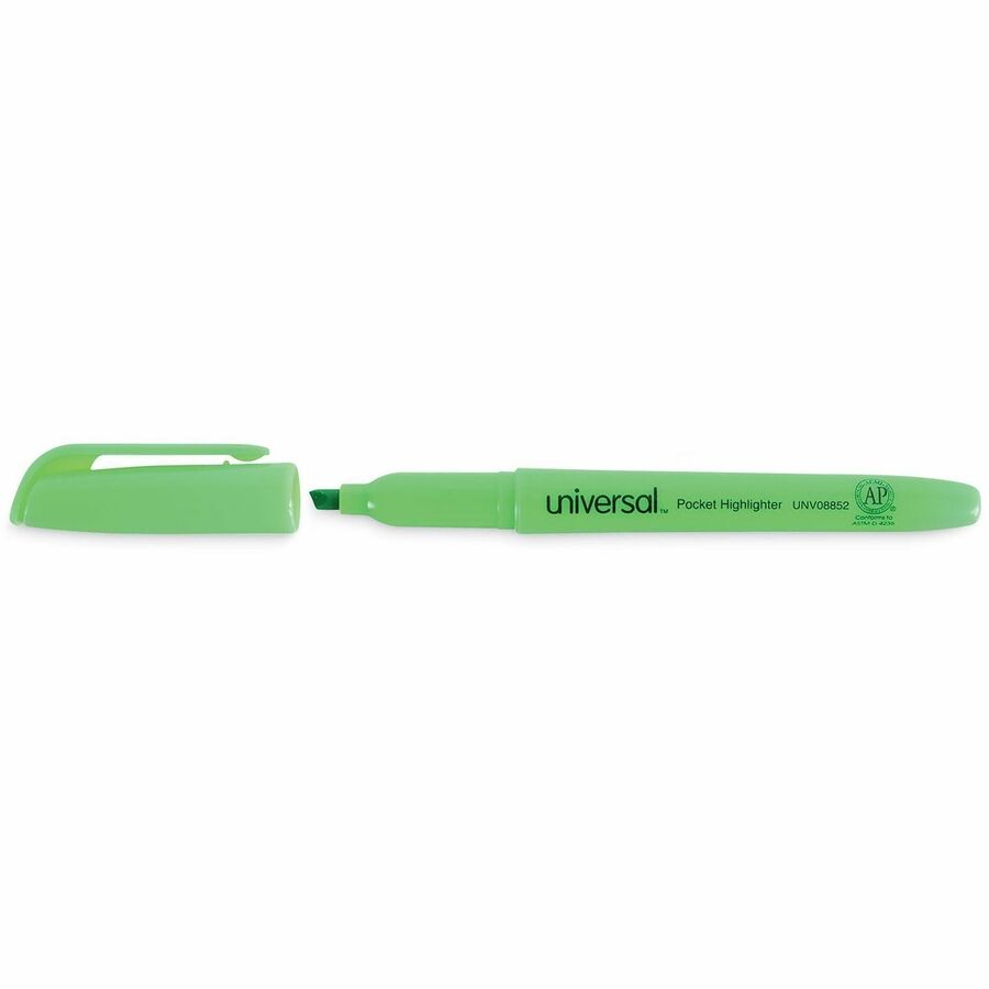 Universal Pocket Highlighters, Fluorescent Green Ink, Chisel Tip, Green Barrel, Dozen - Chisel Marker Point - Fluorescent Green Ink - Green Barrel - 1 Dozen