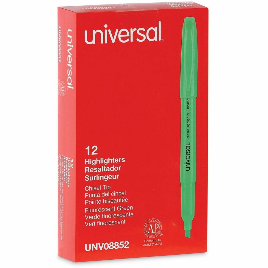 Universal Pocket Highlighters, Fluorescent Green Ink, Chisel Tip, Green Barrel, Dozen - Chisel Marker Point - Fluorescent Green Ink - Green Barrel - 1 Dozen