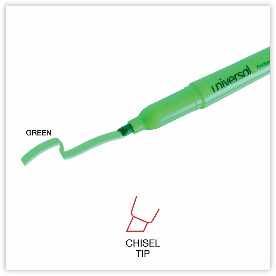 Universal Pocket Highlighters, Fluorescent Green Ink, Chisel Tip, Green Barrel, Dozen - Chisel Marker Point - Fluorescent Green Ink - Green Barrel - 1 Dozen
