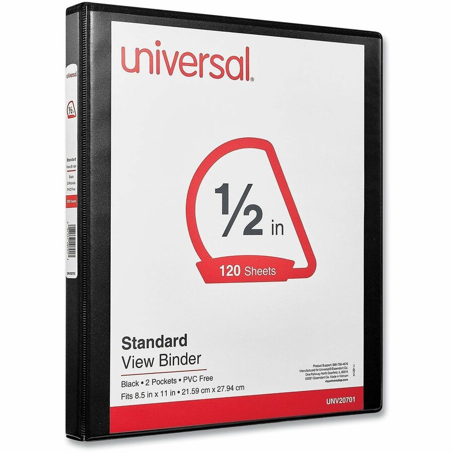 Universal Slant D-Ring View Binder, 3 Rings, 0.5" Capacity, 11 x 8.5, Black - 1/2" Binder Capacity - Letter - 8 1/2" x 11" Sheet Size - 120 Sheet Capacity - 3 Ring(s) - Fastener(s): Ring - Pocket(s): 2, Inside Front & Back - Polypropylene - Black - Non...